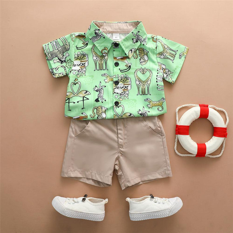 Boys Animal Printed Lapel Short Sleeve Top & Shorts Boy Summer Outfits - PrettyKid