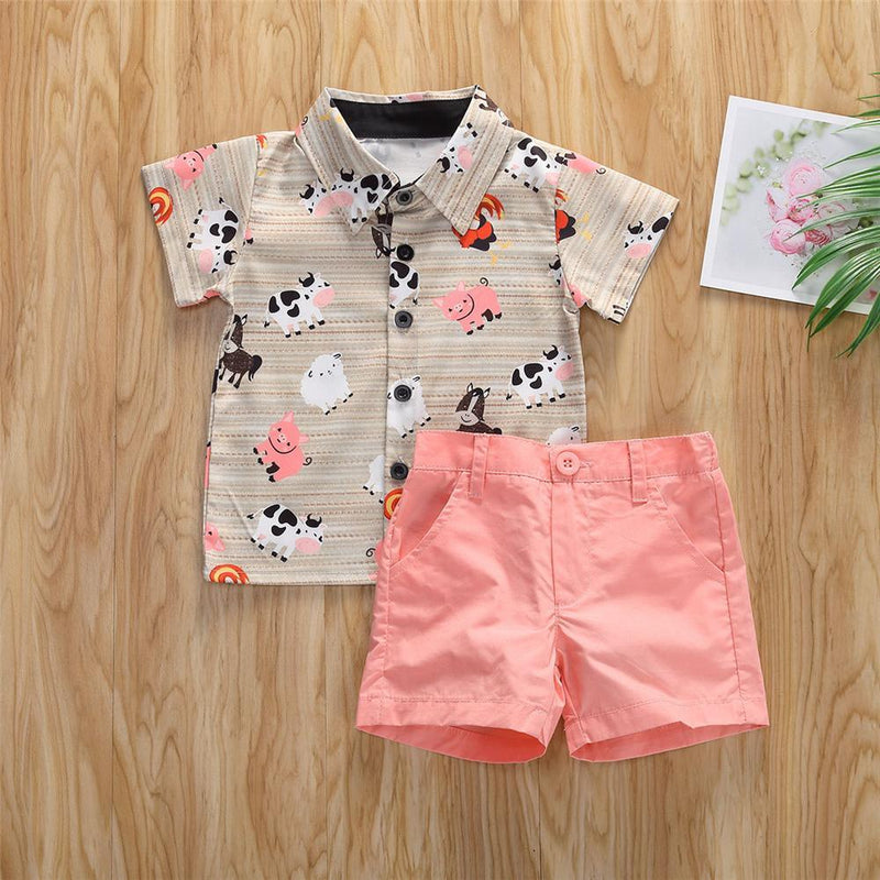 Boys Animal Printed Short Sleeve Button Shirt & Shorts Wholesale Toddler Boy clothes - PrettyKid