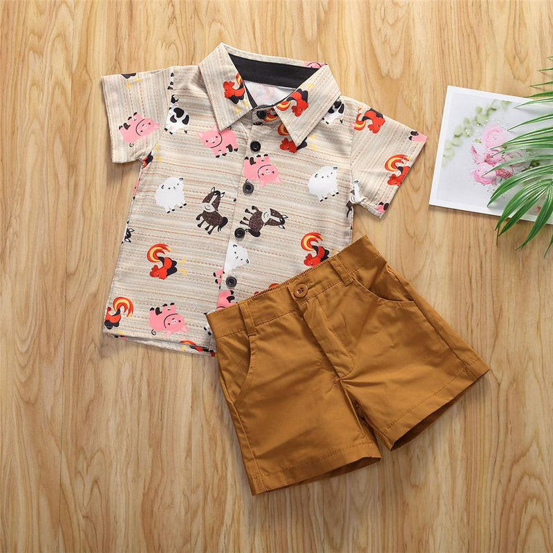 Boys Animal Printed Short Sleeve Button Shirt & Shorts Wholesale Toddler Boy clothes - PrettyKid