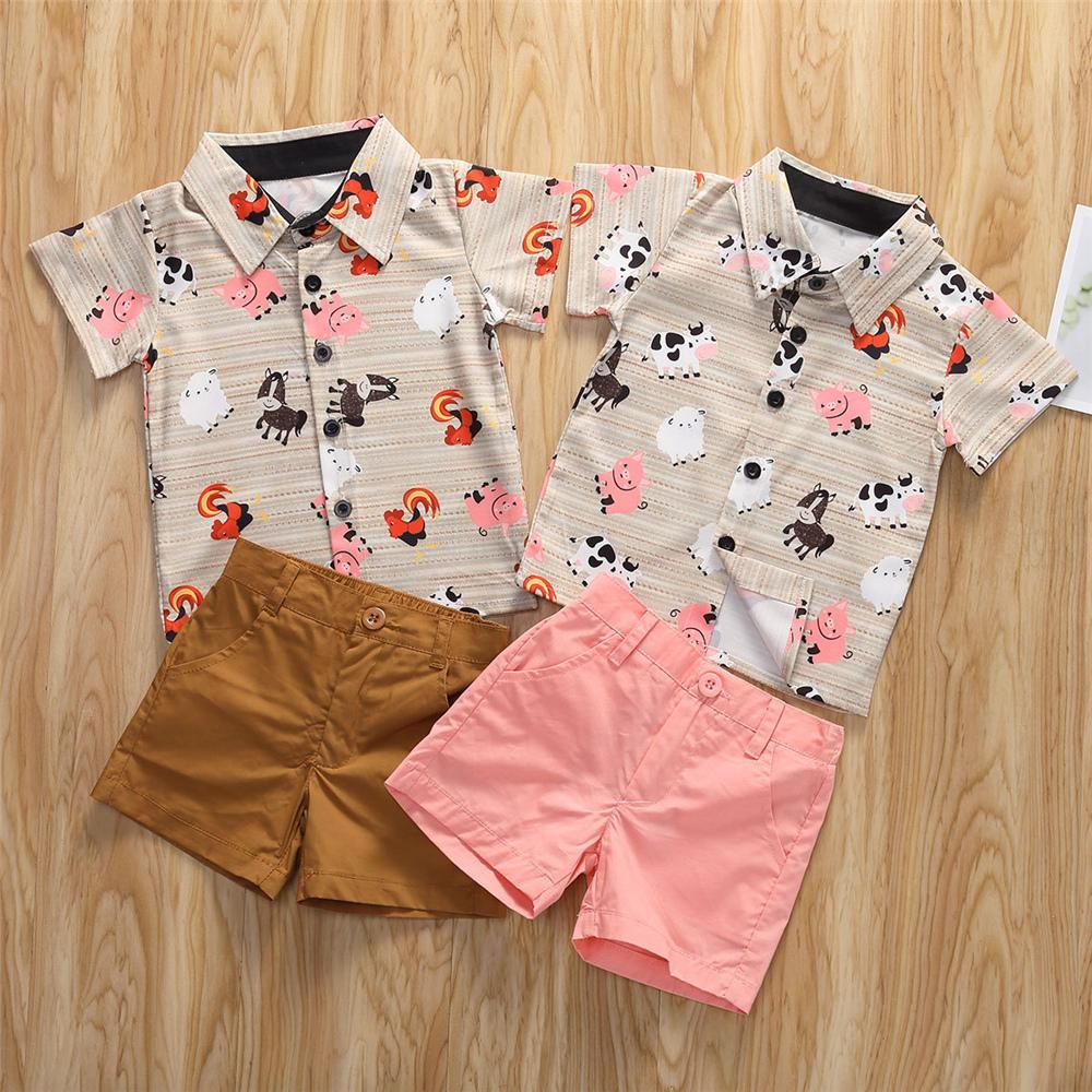 Boys Animal Printed Short Sleeve Button Shirt & Shorts Wholesale Toddler Boy clothes - PrettyKid
