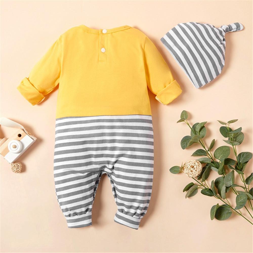 Baby Boys Animal Printed Striped Long Sleeve Rompers & Hat - PrettyKid