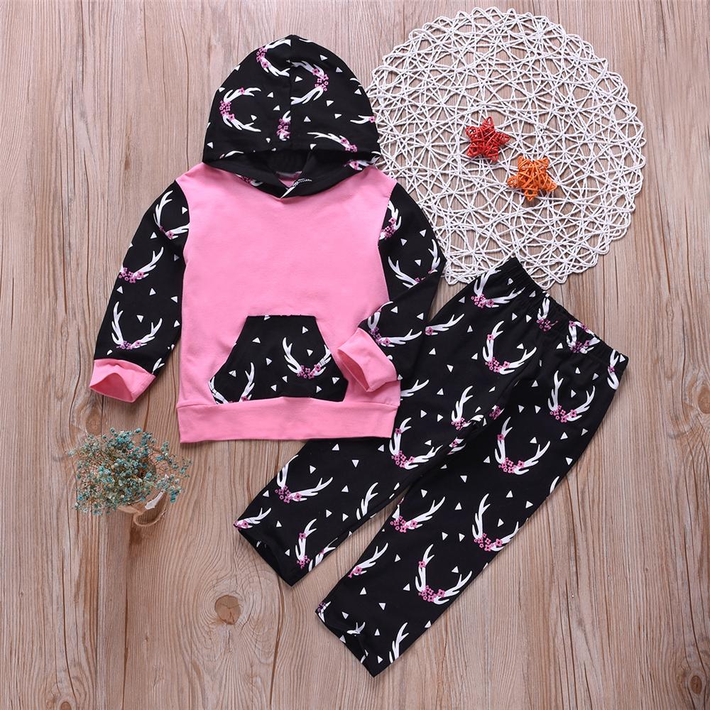 Unisex Antler Printed Hooded Long Sleeve Top & Pants Wholesale Childrens Clothing - PrettyKid