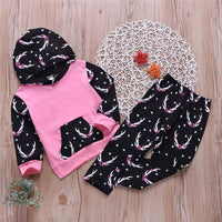 Unisex Antler Printed Hooded Long Sleeve Top & Pants Wholesale Childrens Clothing - PrettyKid