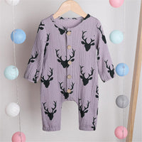 Baby Unisex Antlers Linen Button Long Sleeve Romper Wholesale Baby - PrettyKid