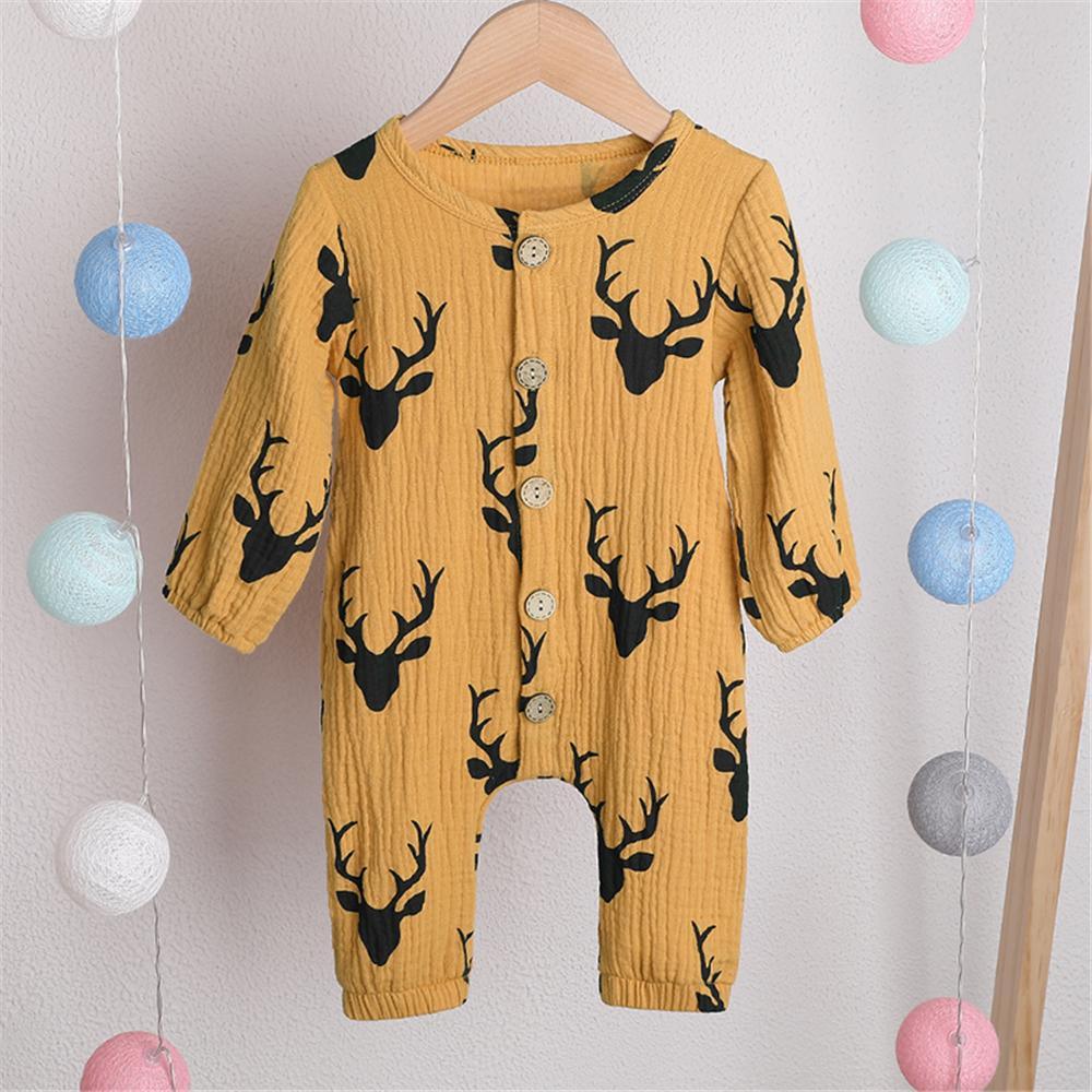 Baby Unisex Antlers Linen Button Long Sleeve Romper Wholesale Baby - PrettyKid