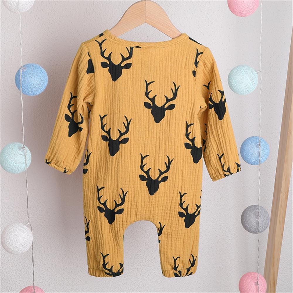 Baby Unisex Antlers Linen Button Long Sleeve Romper Wholesale Baby - PrettyKid