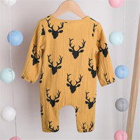 Baby Unisex Antlers Linen Button Long Sleeve Romper Wholesale Baby - PrettyKid