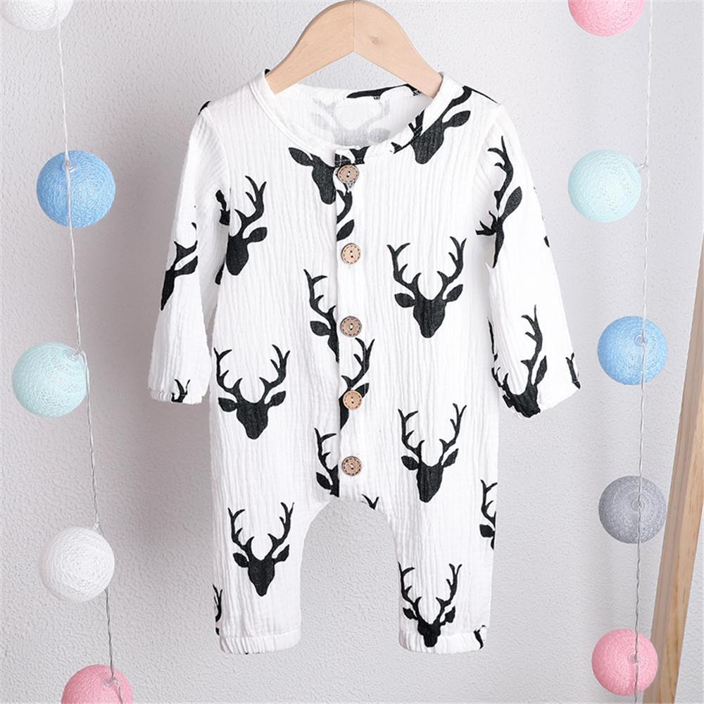 Baby Unisex Antlers Linen Button Long Sleeve Romper Wholesale Baby - PrettyKid