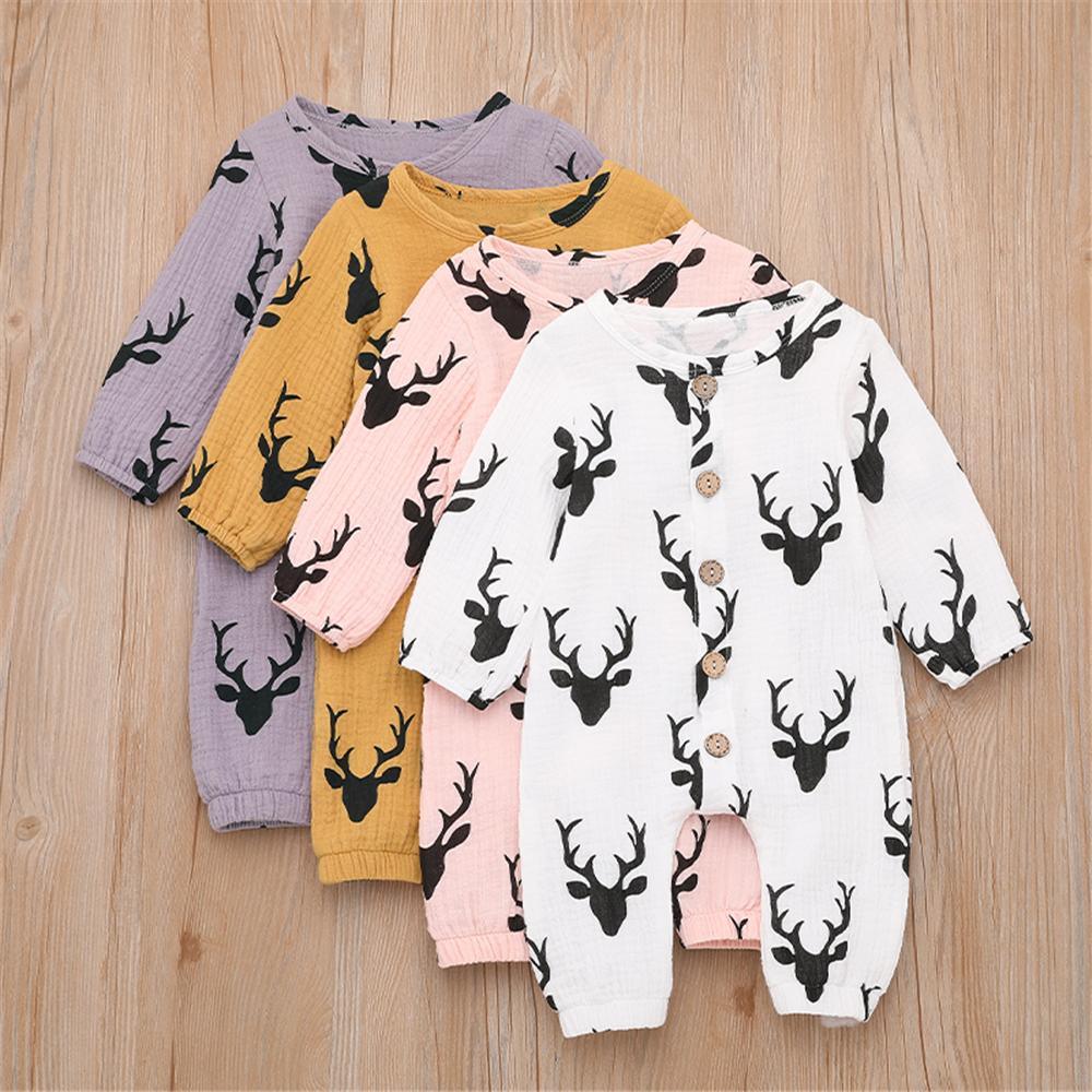 Baby Unisex Antlers Linen Button Long Sleeve Romper Wholesale Baby - PrettyKid