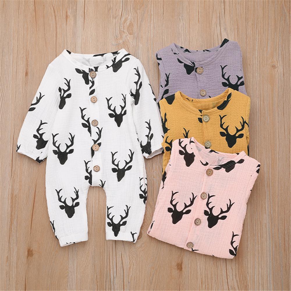 Baby Unisex Antlers Linen Button Long Sleeve Romper Wholesale Baby - PrettyKid