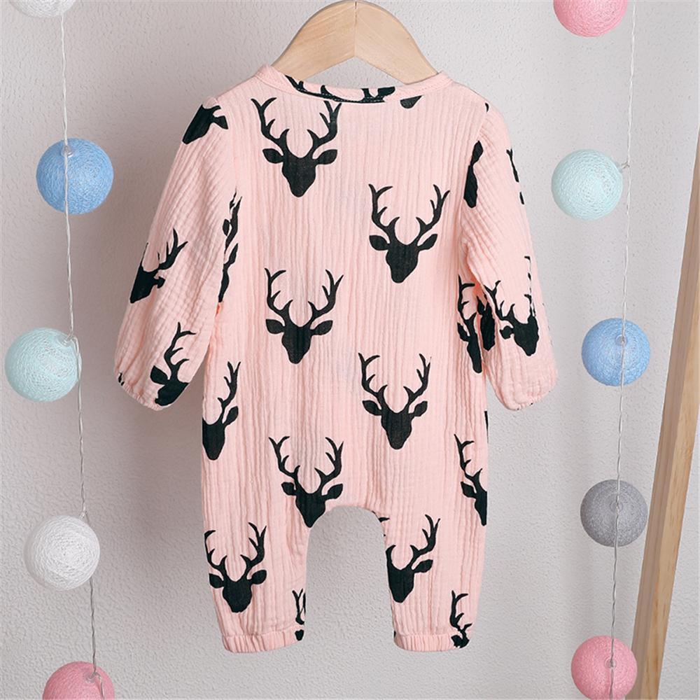 Baby Unisex Antlers Linen Button Long Sleeve Romper Wholesale Baby - PrettyKid