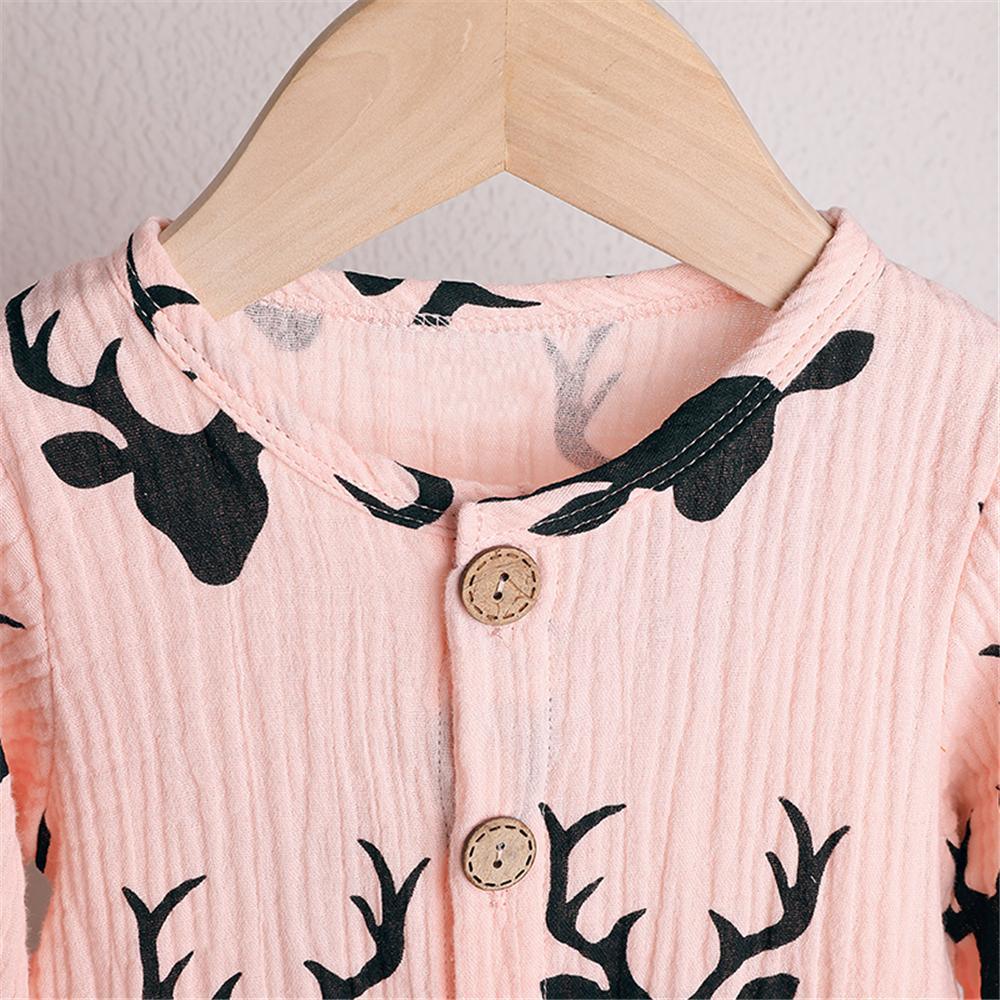 Baby Unisex Antlers Linen Button Long Sleeve Romper Wholesale Baby - PrettyKid