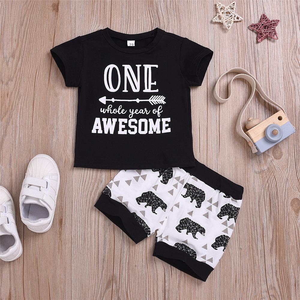 Baby Boys Awesome Letter Printed Short Sleeve Top & Bear Printed Shorts Baby Wholesale - PrettyKid
