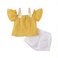 Baby Girl Off Shoulder Fly Sleeve Daisy Top And Shorts Baby Outfit Sets - PrettyKid