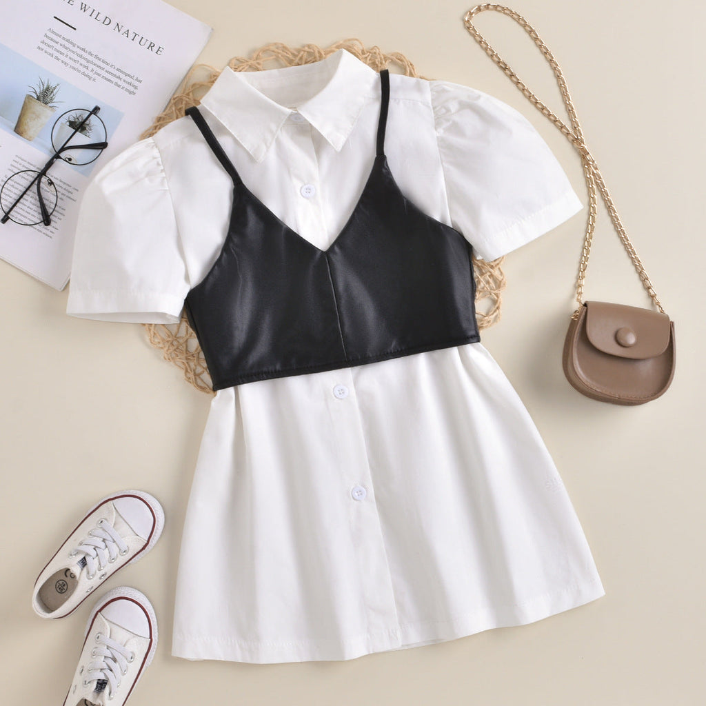 Button Up White Shirt With Leather Cami Top Kid Girl Apparel Sets - PrettyKid