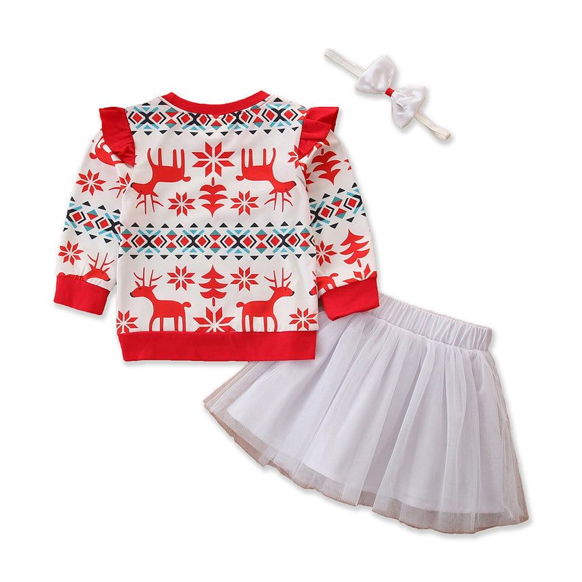 Christmas Elk Print Top And Mesh Skirt And Headband 2 Piece Toddler Girl Sets - PrettyKid