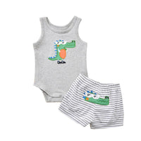 Baby Boys Crocodile Pattern Sleeveless Striped Bodysuit And Shorts Wholesale Baby Sets - PrettyKid