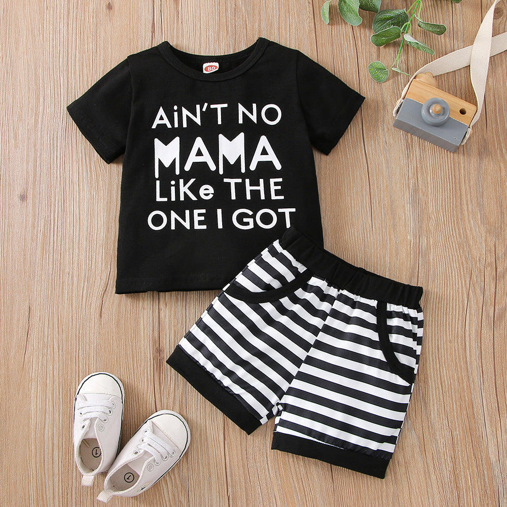 6M-3Y Baby Boys Sets Letter Print T-Shirts & Striped Shorts Bulk Baby Clothes Wholesale - PrettyKid