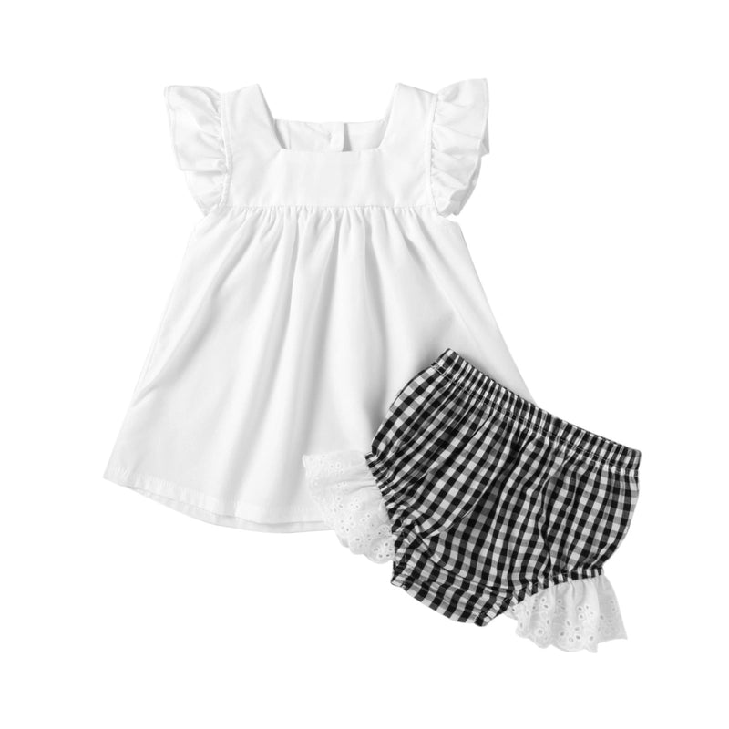 Baby Girl Flying Sleeve Dress Top And Plaid Briefs Baby Outfit Sets - PrettyKid