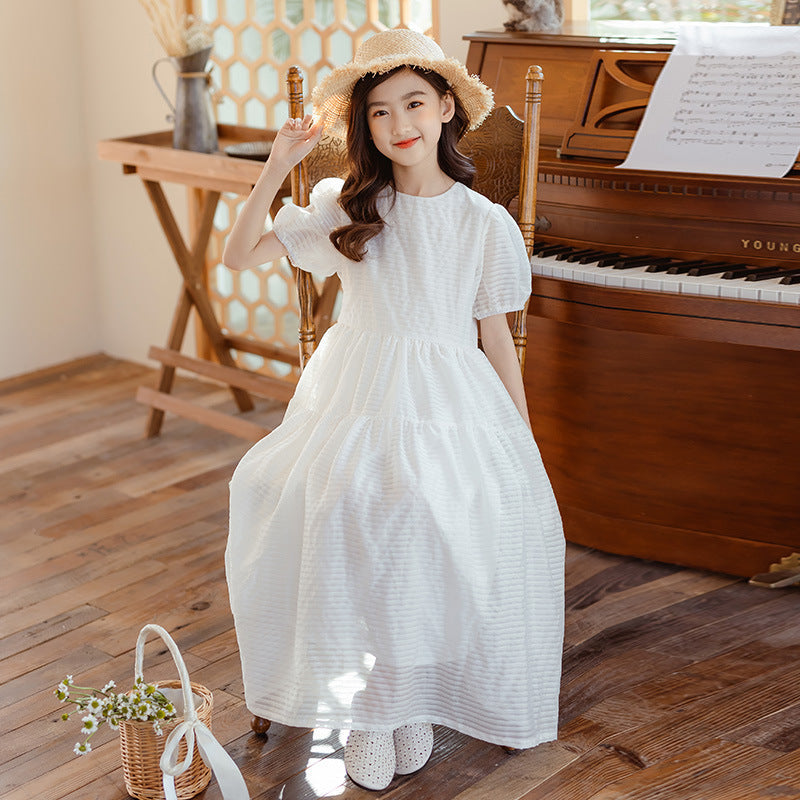 Big Girl Plain Short Puff Sleeve Ribbing Stitching Wholesale Dresses For Kids - PrettyKid