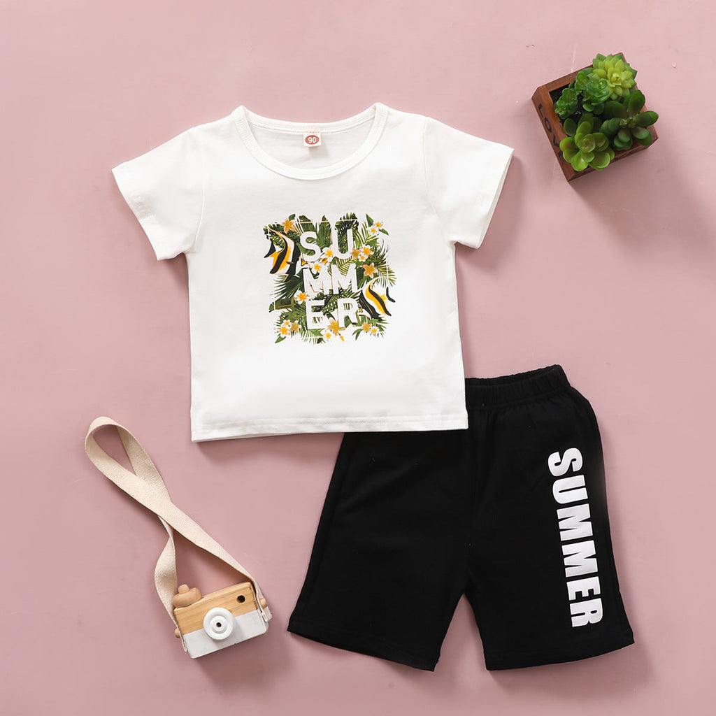 Boy Letter & Leaf Print T-Shirt And Shorts Toddler Outfit Sets - PrettyKid