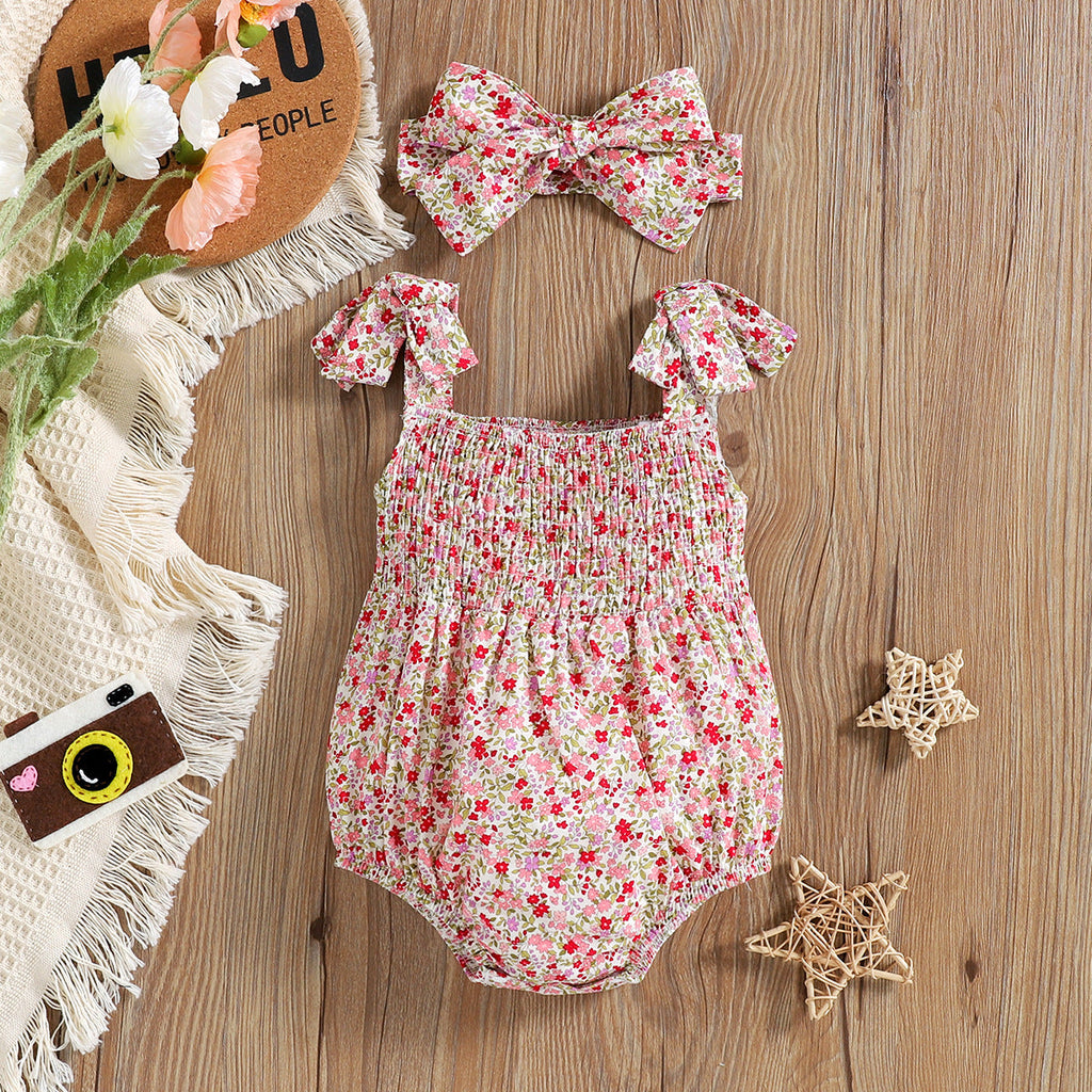 Baby Girl Floral Print Suspender Bodysuit And Headband Baby Sleeveless Jumpsuit - PrettyKid