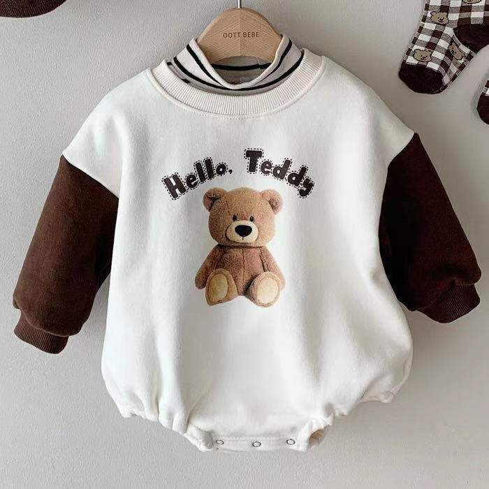 Baby Bodysuit Contrast Sleeve Hello Teddy Letter Print Pullover Wholesale Baby Onesies - PrettyKid