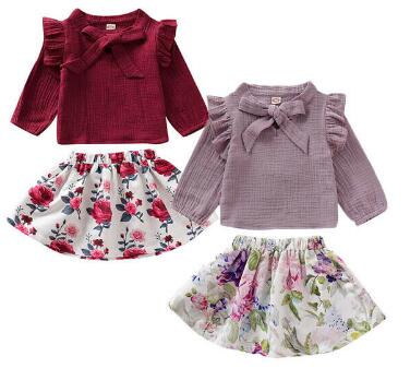 Toddler Girls Solid Color Long Sleeve Top Floral Skirt - PrettyKid