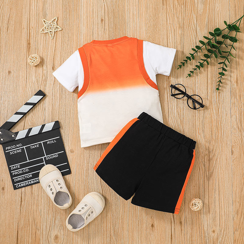 Baby Boy Fake Two-Piece Sport Print Top And Shorts Baby Outfit Sets - PrettyKid
