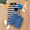 Colorblock Striped T-Shirt And Denim Shorts Toddler Boy Sets - PrettyKid