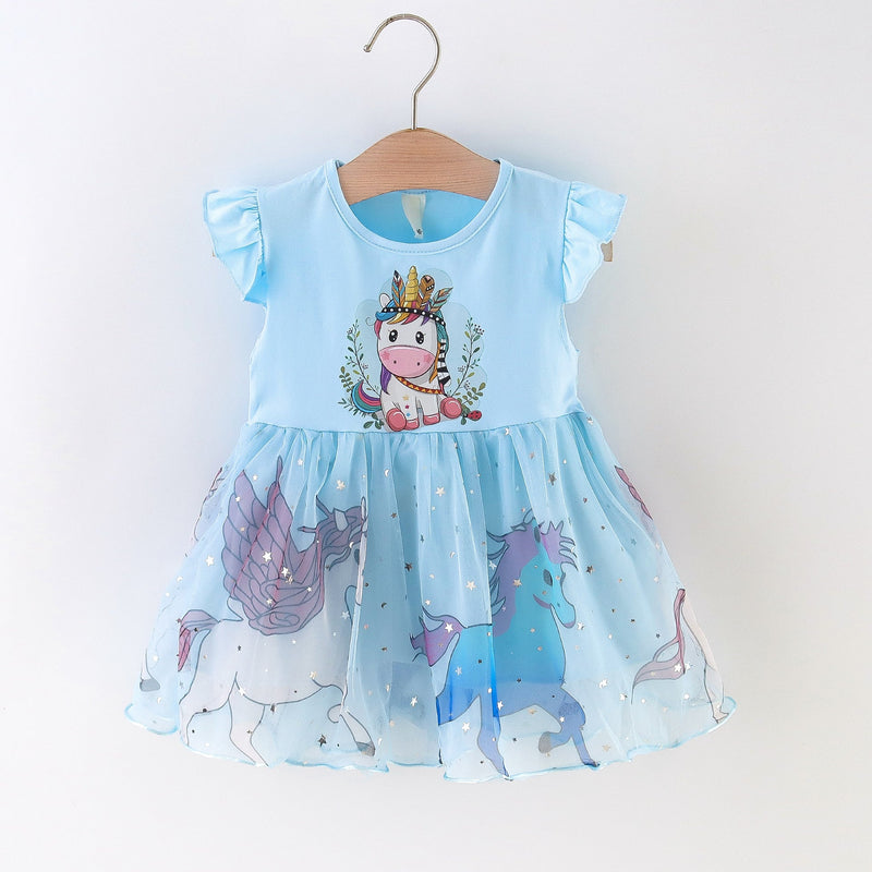 Cartoon Unicorn Print Star Mesh Baby Girl Summer Dress - PrettyKid