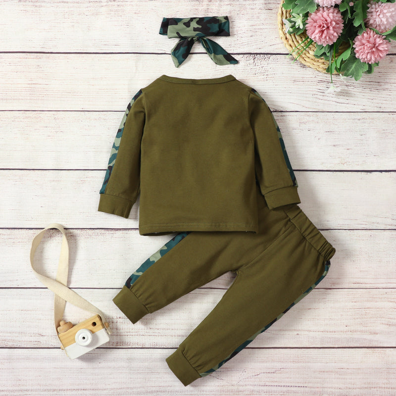 Camouflage Letter Printed Sweatshirt And Trousers With Headband Three Piece Baby Suit - PrettyKid