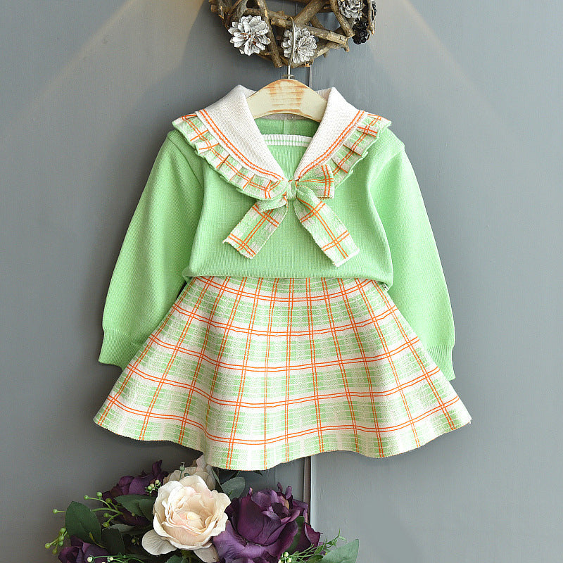 Bow Sailor Suit And Plaid Skirt Toddler Girl Sets - PrettyKid