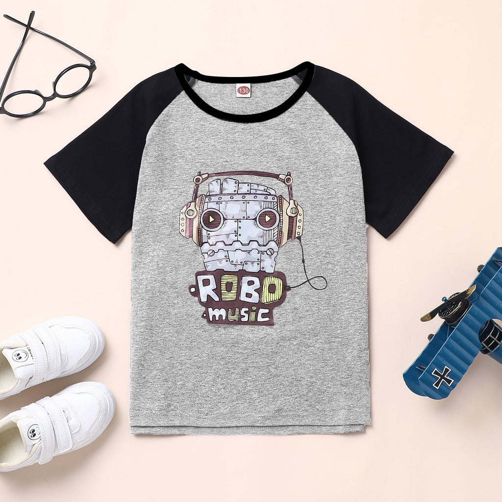 Big Girls And Boys Robot Printing Short Sleeve Color Blocking T-Shirt Wholesale Tops For Kids - PrettyKid