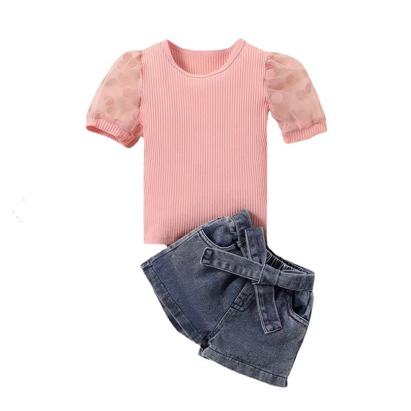 18months-6years Toddler Girl Sets Girls Summer New Children'S Clothing Solid Color Children's Suit Denim Shorts Two-Piece Wholesale - PrettyKid