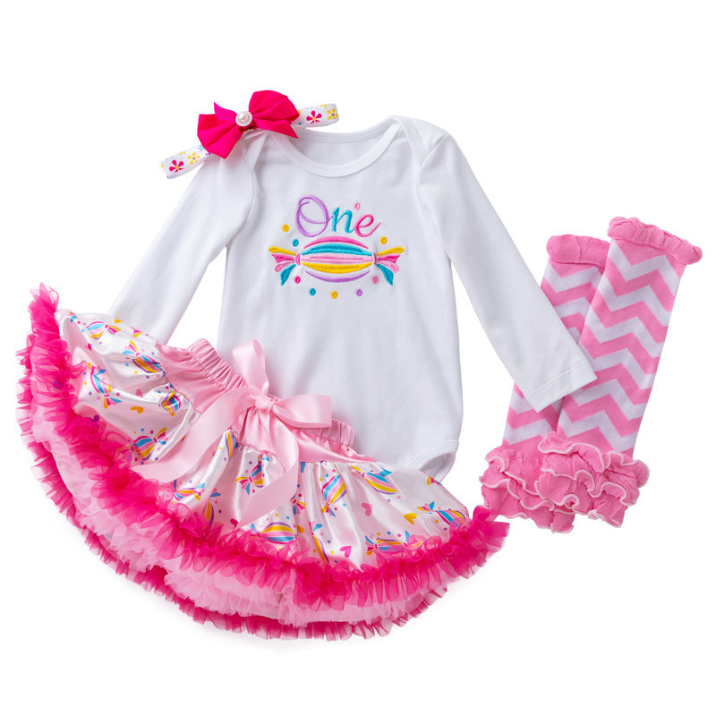 0-18M 4 Pieces Baby Girls Birthday Sets Embroidered Candy Bodysuit & Tutu Skirts Baby Clothes In Bulk - PrettyKid