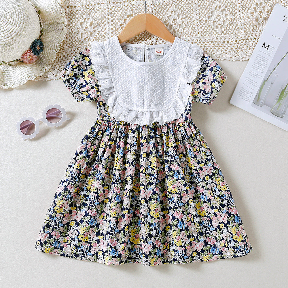 18M-6Y Toddler Girls Lace Trim Floral Print Dresses Wholesale Girls Clothes - PrettyKid