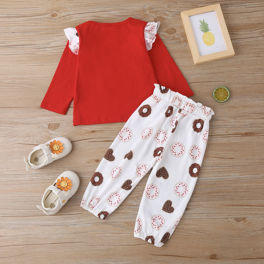 Cooking Pattern Top And Donut Pattern Pants Baby Girl Outfit Sets - PrettyKid