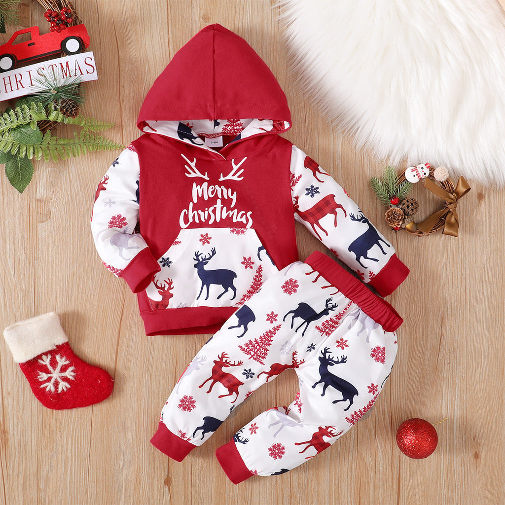 Christmas Colorblock Letters & Elk Print Hoodie And Pants Baby Boy 2 Piece Outfits - PrettyKid