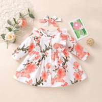 Baby Girl Long-Sleeved Floral Print Dress And Headband Baby Summer Dress Girl - PrettyKid