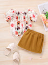 Baby Girl Puff Sleeve Floral Top And Bow Skirt Two Piece Baby Sets - PrettyKid
