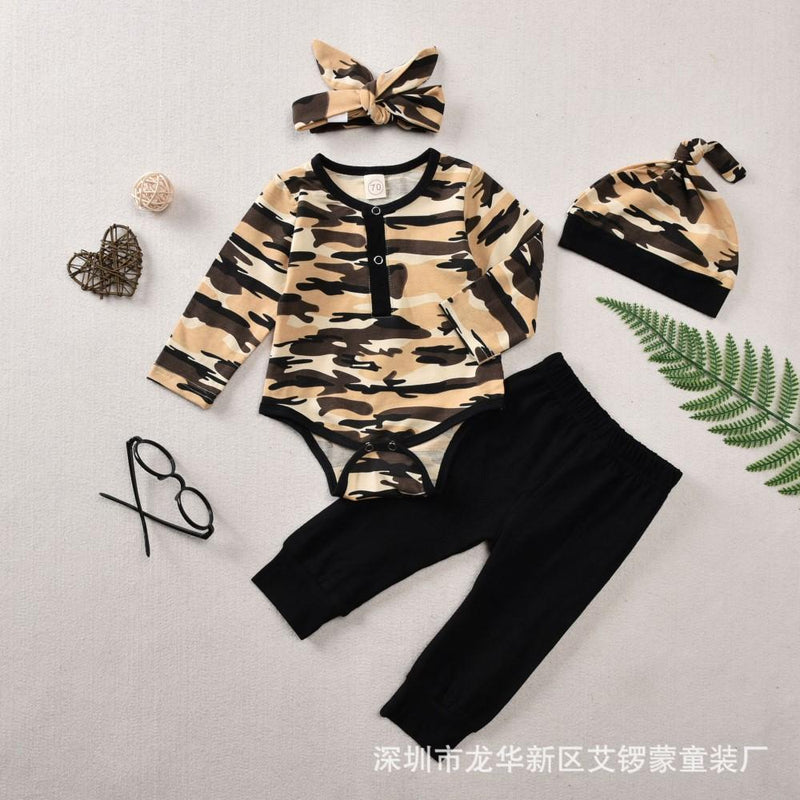 Baby Boys Camouflage Printed Romper & Pants & Headband & Hat Baby Clothing Cheap Wholesale - PrettyKid