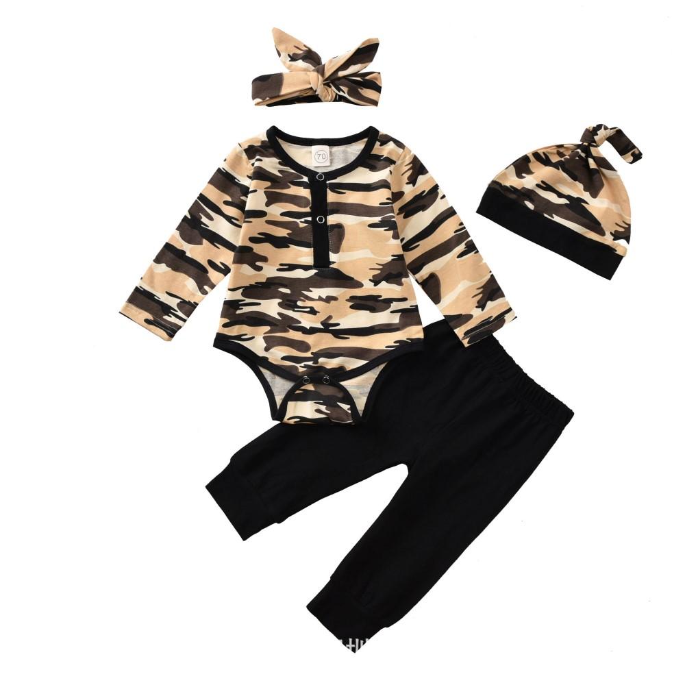 Baby Boys Camouflage Printed Romper & Pants & Headband & Hat Baby Clothing Cheap Wholesale - PrettyKid
