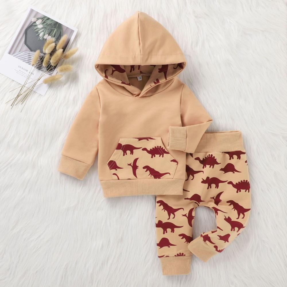 Baby Boys Dinosaur Printed Hooded Top & Pants Baby Wholesale Clothing - PrettyKid