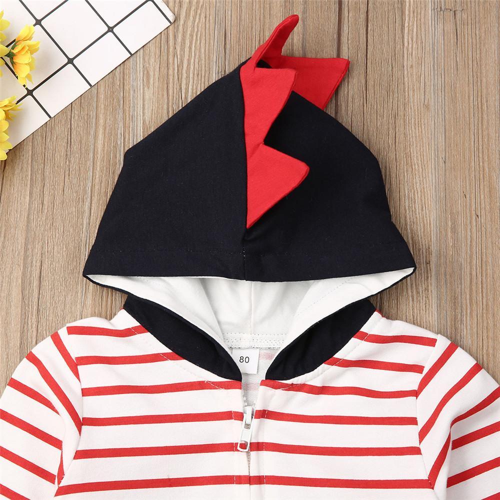 Baby Boys Shark Hooded Zipper Stripe Romper Baby Clothes Wholesale Bulk - PrettyKid