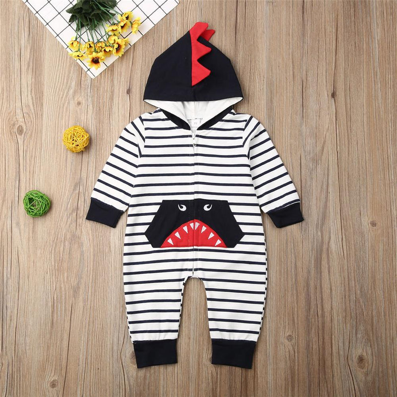 Baby Boys Shark Hooded Zipper Stripe Romper Baby Clothes Wholesale Bulk - PrettyKid
