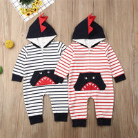 Baby Boys Shark Hooded Zipper Stripe Romper Baby Clothes Wholesale Bulk - PrettyKid