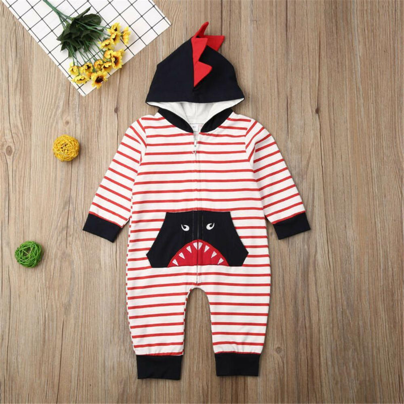 Baby Boys Shark Hooded Zipper Stripe Romper Baby Clothes Wholesale Bulk - PrettyKid