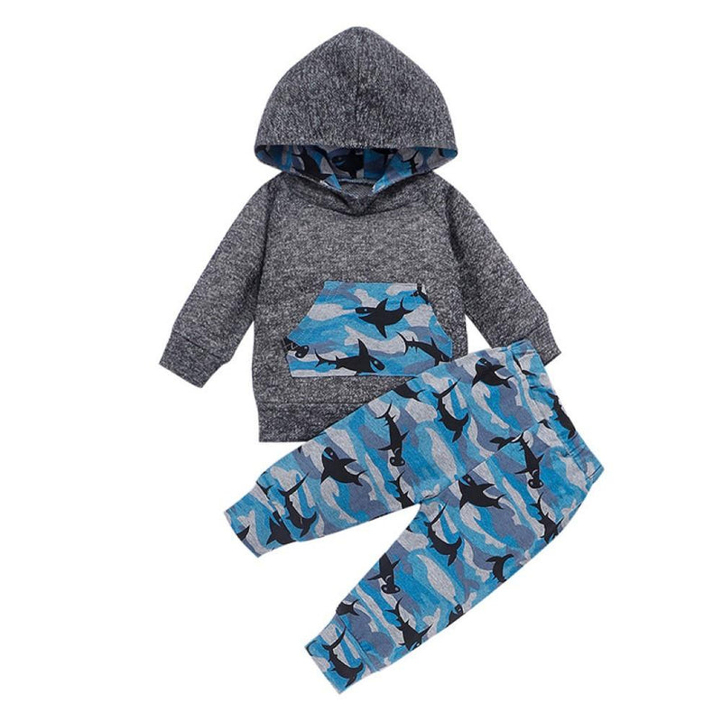 Baby Boys Shark Printed Hooded Top & Pants Kids Fashion Wholesale - PrettyKid