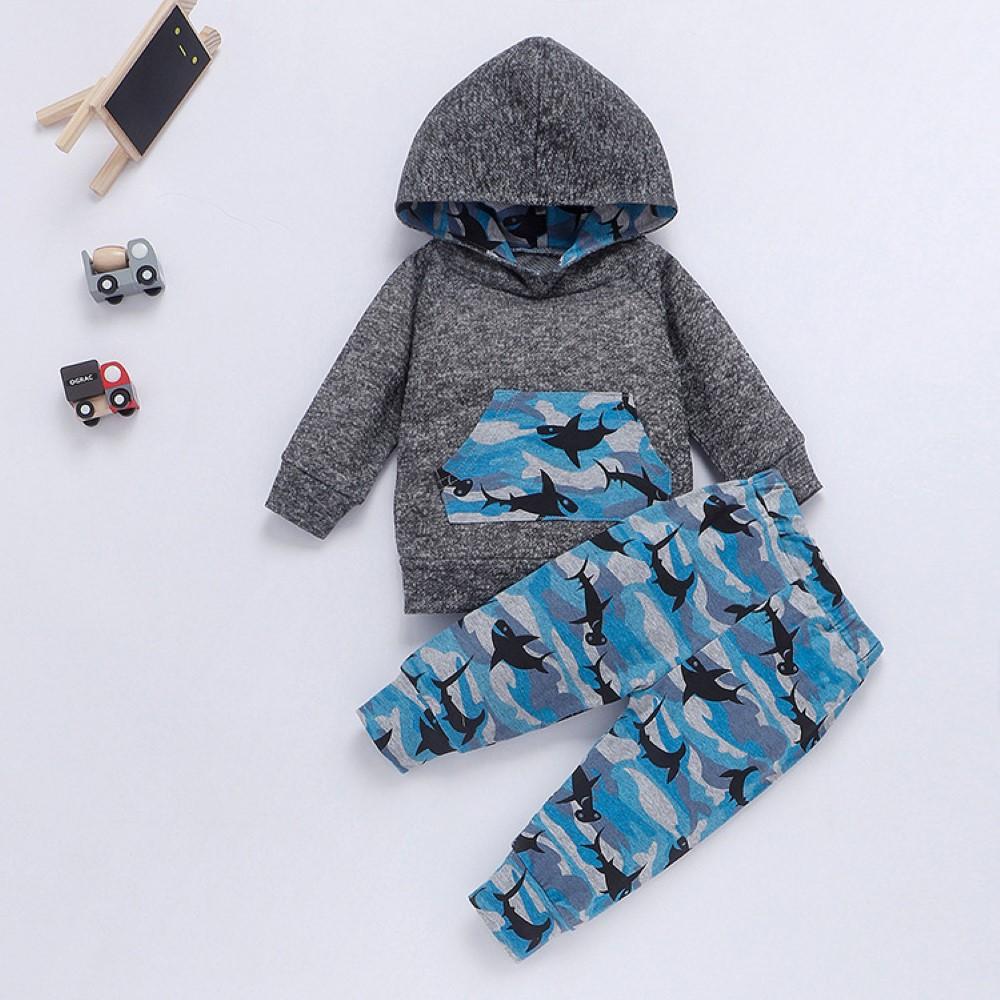 Baby Boys Shark Printed Hooded Top & Pants Kids Fashion Wholesale - PrettyKid